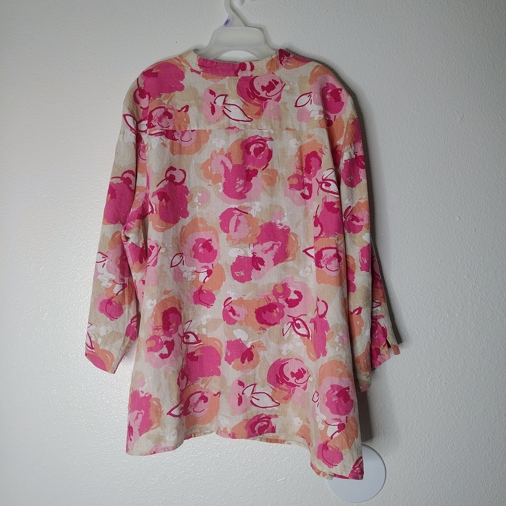 JM Collection Woman 100% Linen Floral Blouse Pink Orange Plus Size 24W Boho Top - Picture 14 of 16